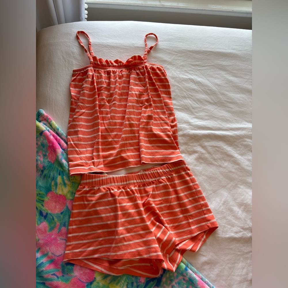 LAKE Pima ruffle short set in Coral Reef Anchor Stripe